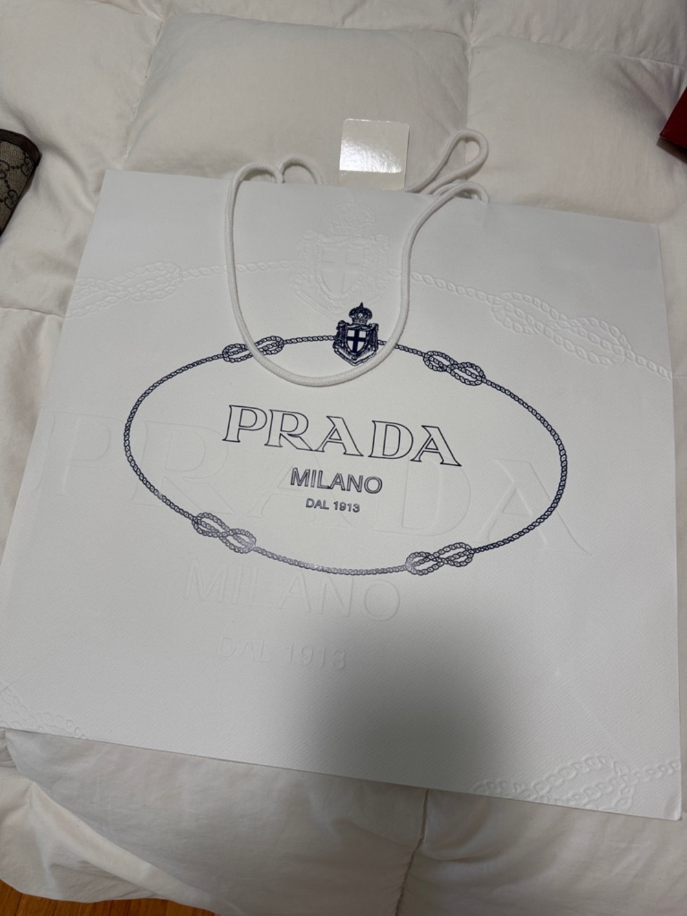 Prada White Paper Shopping Bag with Navy Logo